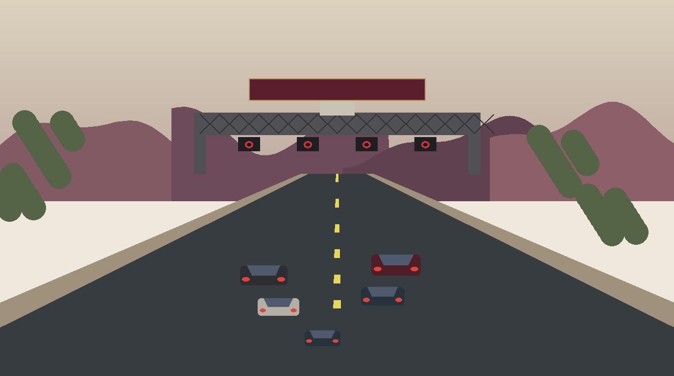 Ilustração editorial mostrando pórtico de cobrança eletrônica sobre rodovia, com câmeras, sensores e veículos passando ao amanhecer.